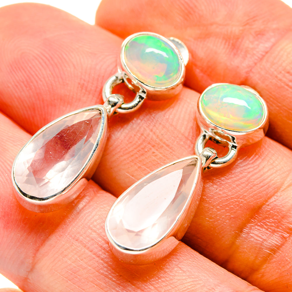 Sterling silver opal and rose quartz drop earrings with oval cabochon tops