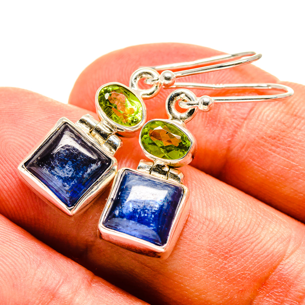 Sterling silver peridot & kyanite drop earrings: blue square and green round stones