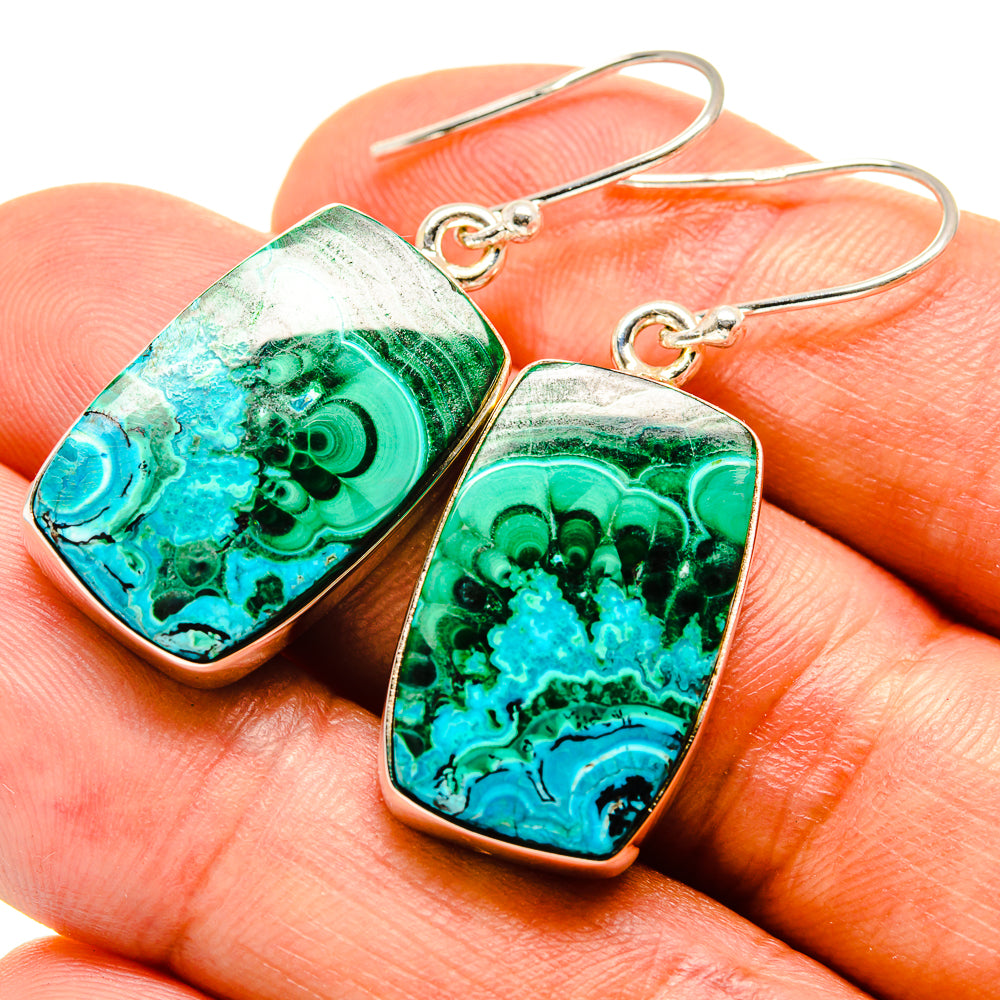 Chrysocolla and malachite square drop earrings with metal hooks, green-blue stone