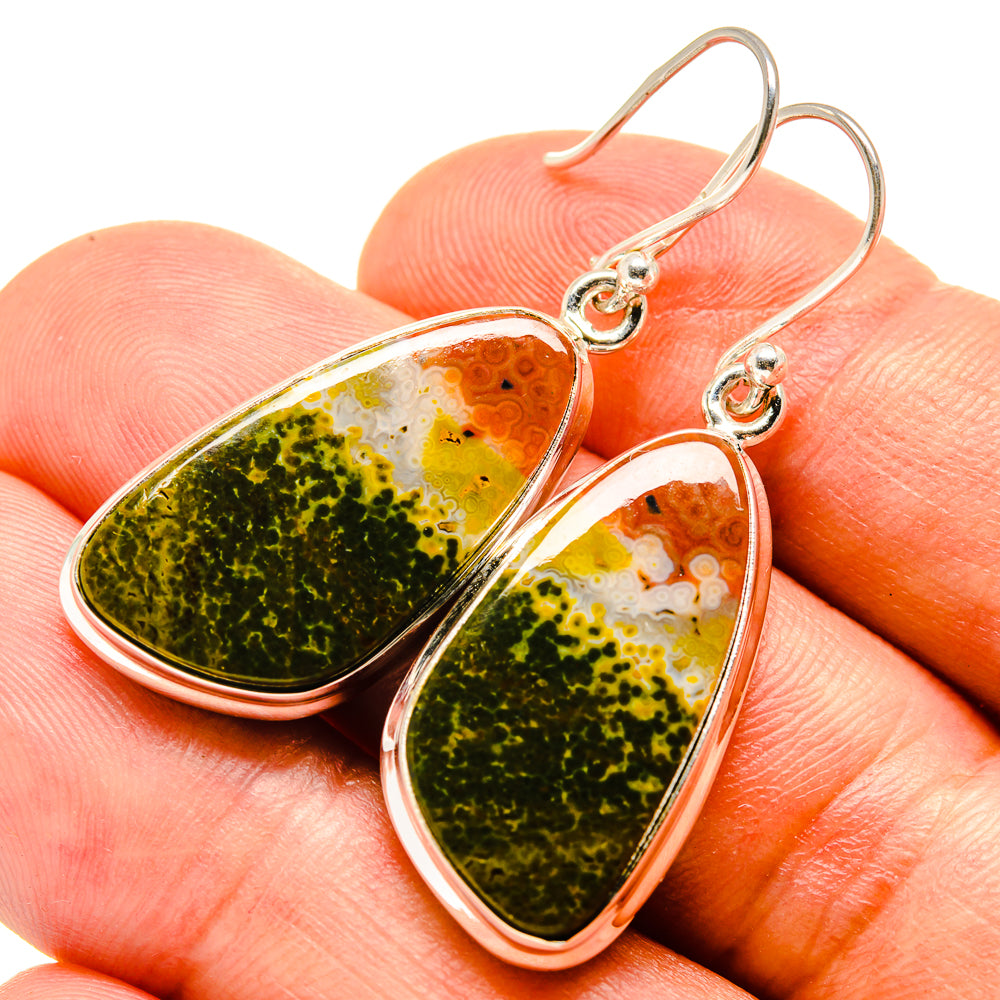 Teardrop ocean jasper earrings in silver-tone, wire hooks, bezel-set gemstones.