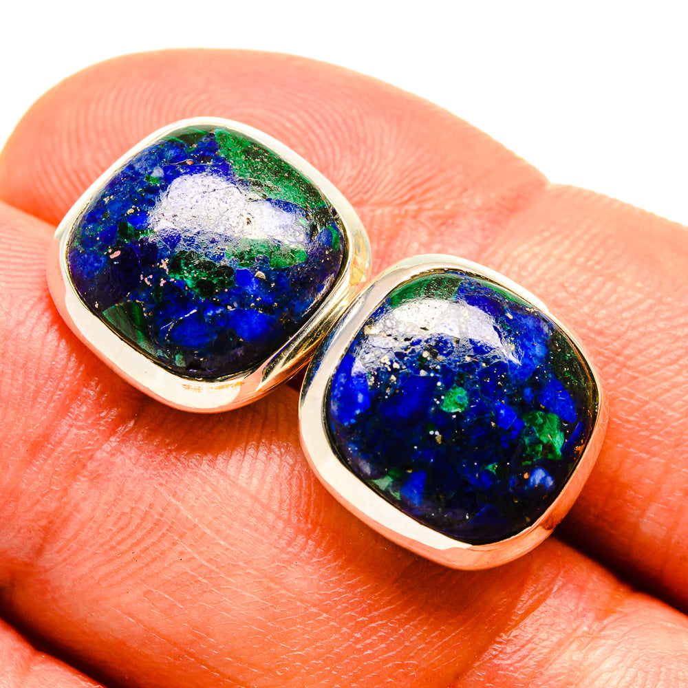 Azurite stud earrings in 925 sterling silver, teardrop cabochon with blue-green stone
