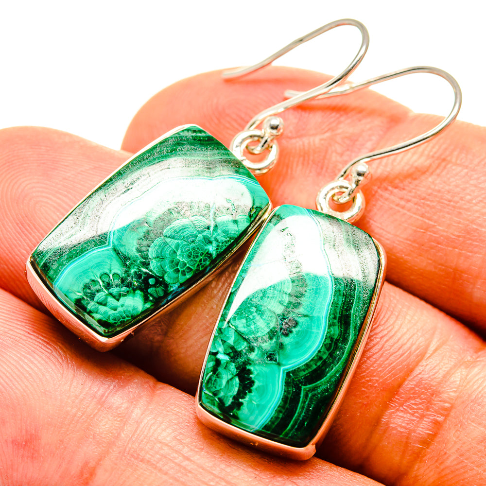 Malachite-and-chrysocolla rectangular drop earrings with green marbled cabochons and silver hooks