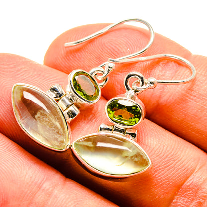 Sterling silver earrings with round green peridot and oval prehnite drops