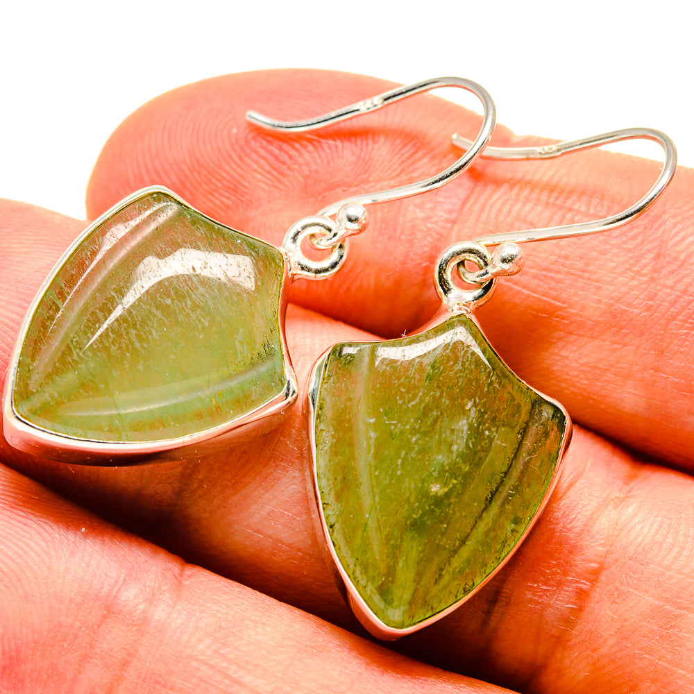 Sterling silver prehnite earrings with green shield cabochons and loop hooks