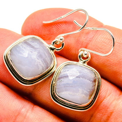 Blue lace agate earrings with oval cabochon and gold-tone sterling silver hooks, drop style