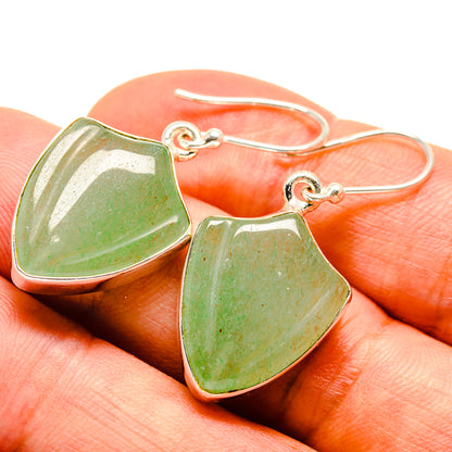 Prehnite drop earrings with green stone teardrop bezels and silver hooks