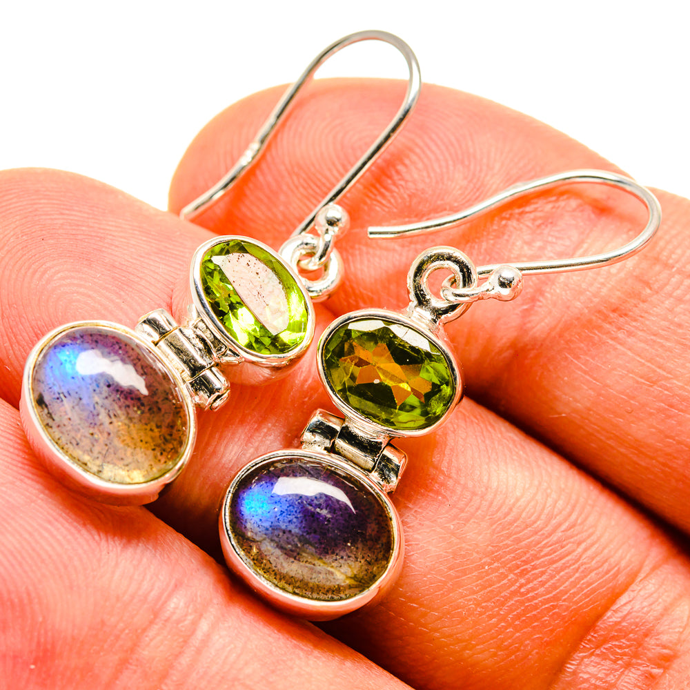 Sterling silver earrings with peridot green and iridescent labradorite cabochons