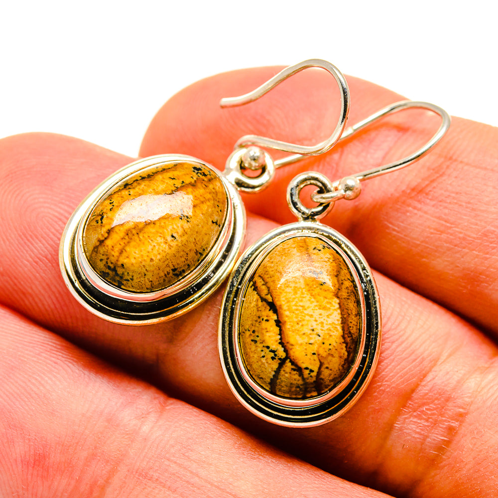Picture jasper dangle earrings with oval golden-brown cabochons on silver-tone hooks