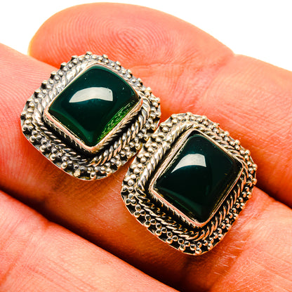 Green onyx square earrings with rhinestone border in gold-tone setting