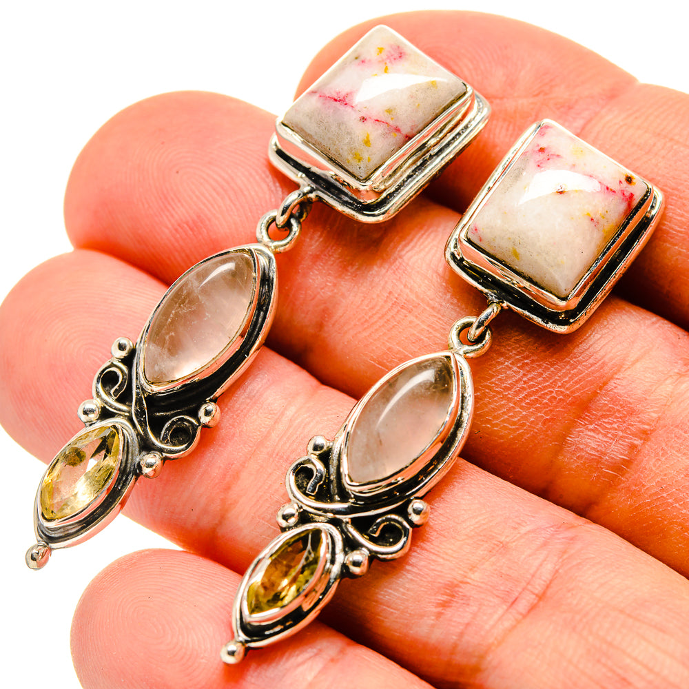 Thulite, Rose Quartz, Citrine Earrings handcrafted by Ana Silver Co - EARR415735