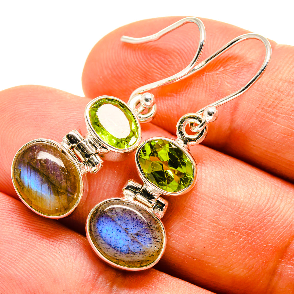 Sterling silver earrings with green peridot and blue-gold labradorite cabochons