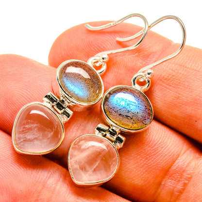 Sterling silver drop earrings: oval labradorite cabochons, round rose quartz drops