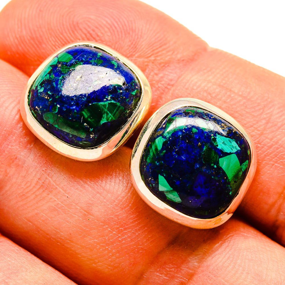 Azurite stud earrings, 925 sterling silver with blue-green cabochon gemstone in bezel