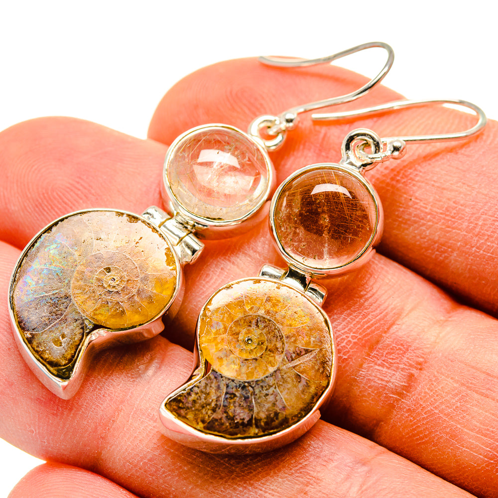 Ammonite fossil rutilated quartz earrings with silver hooks and amber fossil drop dangles