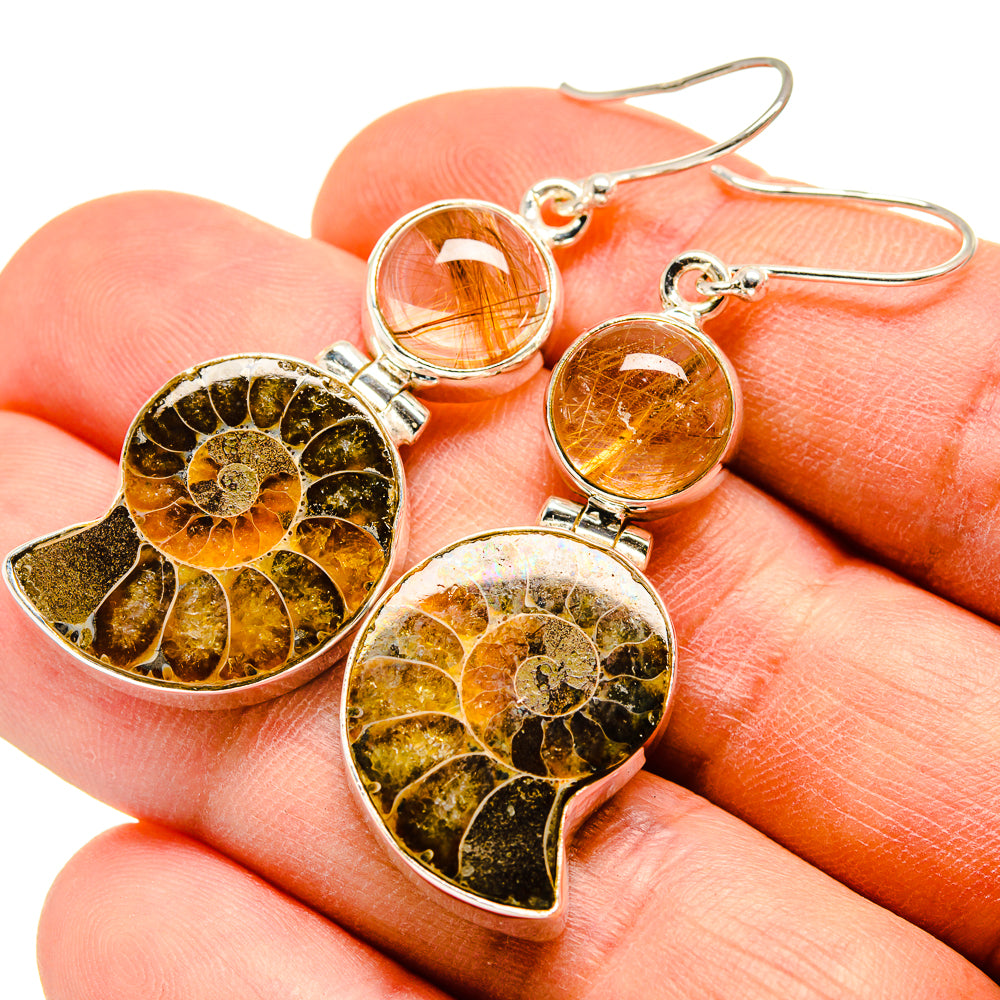 Ammonite fossil drop earrings with round rutilated quartz and leaf-shaped silver frames
