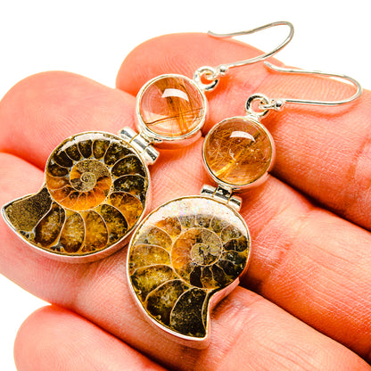 Ammonite fossil drop earrings with round rutilated quartz and leaf-shaped silver frames