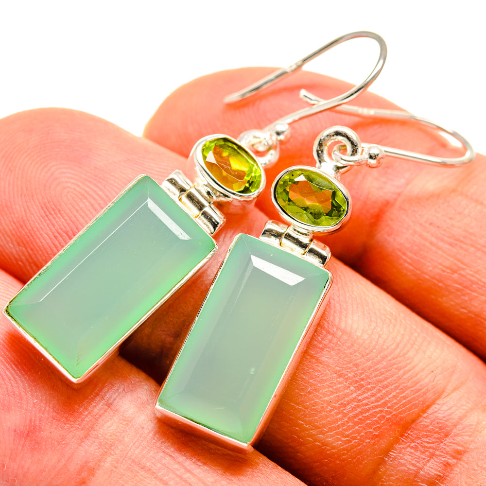 925 sterling silver drop earrings with round green stones and rectangular green dangles