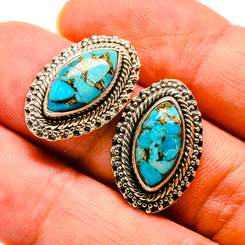 Turquoise oval earrings in ornate sterling silver bezel, blue stone with veining