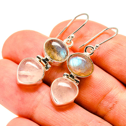 Rose quartz & labradorite drop earrings: iridescent round top, pink heart dangles