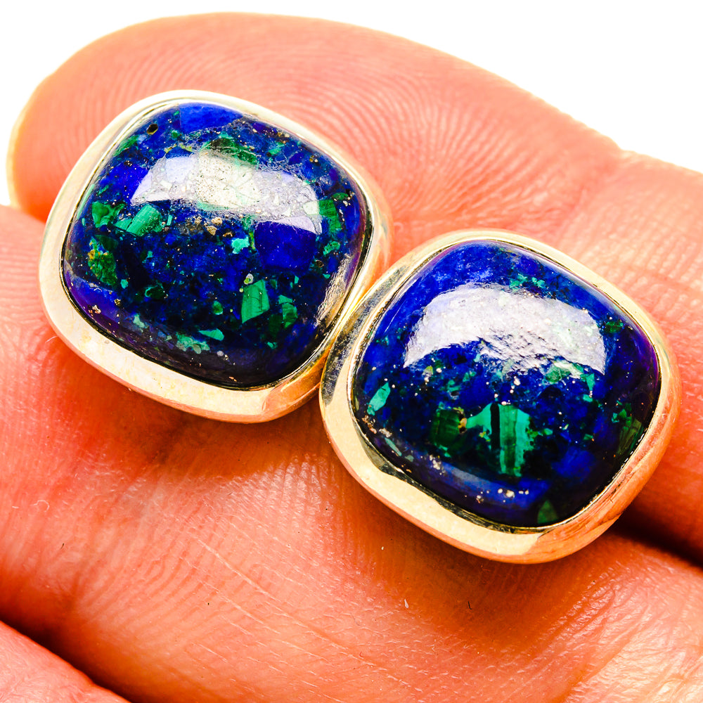 Azurite gemstone stud earrings in 925 sterling silver, blue-green round cabochon bezels
