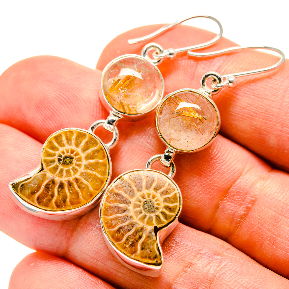 Sterling silver dangle earrings with orange slice fossil and round amber quartz cabochons