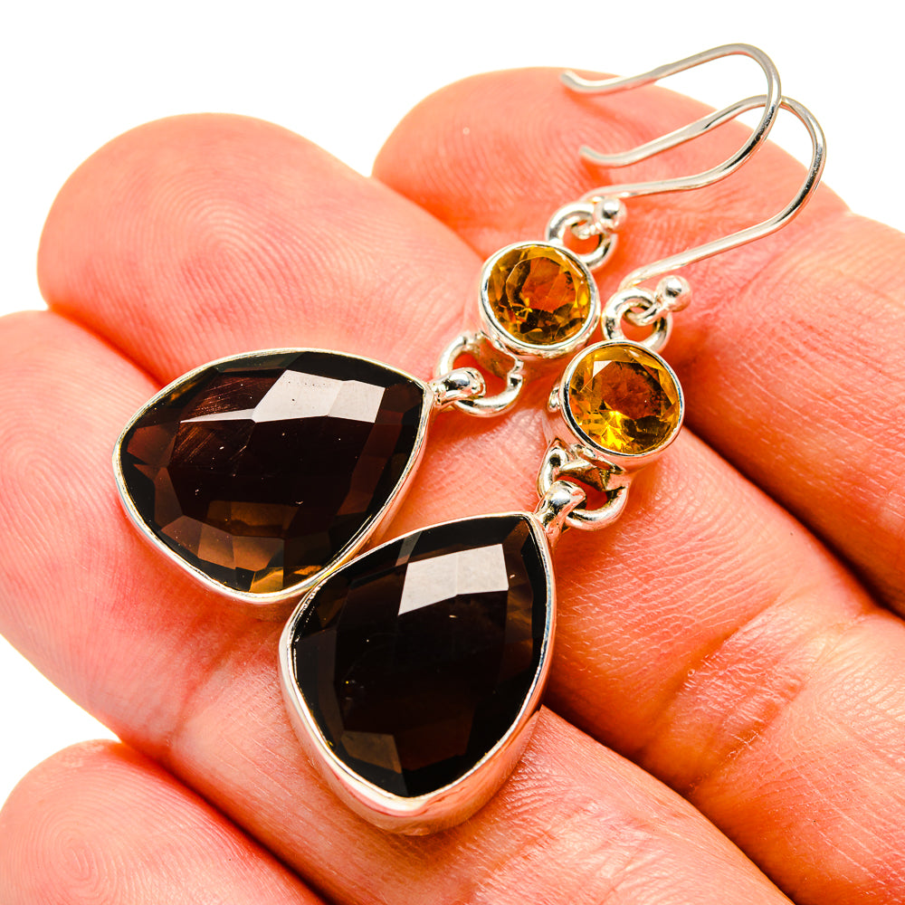 Sterling silver drop earrings: smoky quartz teardrop with yellow citrine rounds