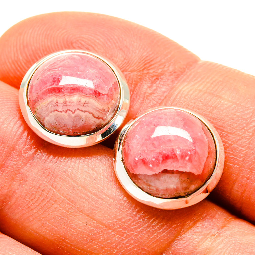 Round pink rhodochrosite earrings in polished sterling silver bezel settings