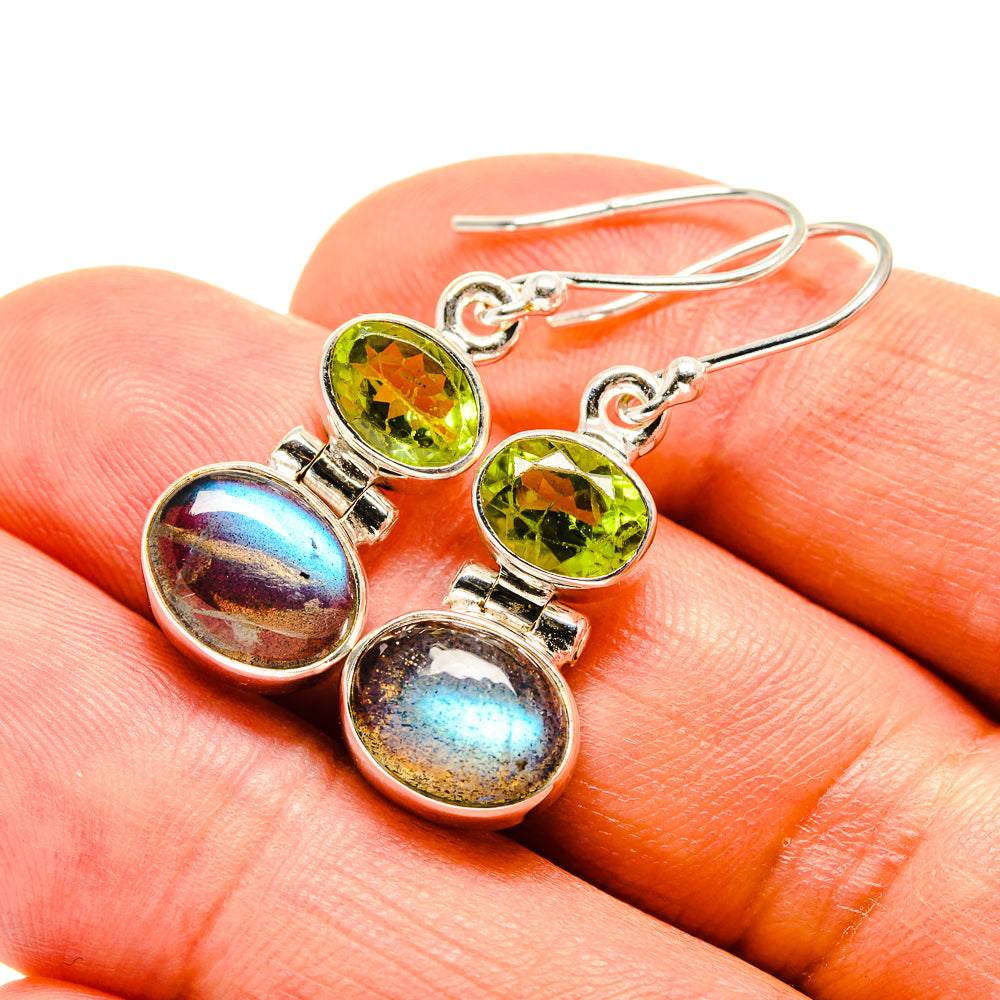 925 sterling silver earrings with green round gemstone and iridescent blue stones