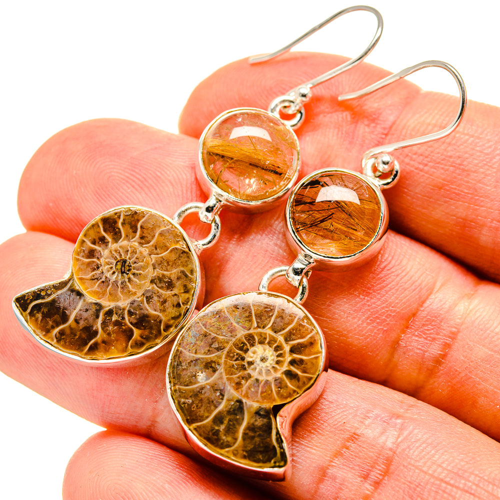 Silver-tone hook earrings with amber ammonite heart drops and round rutilated quartz top