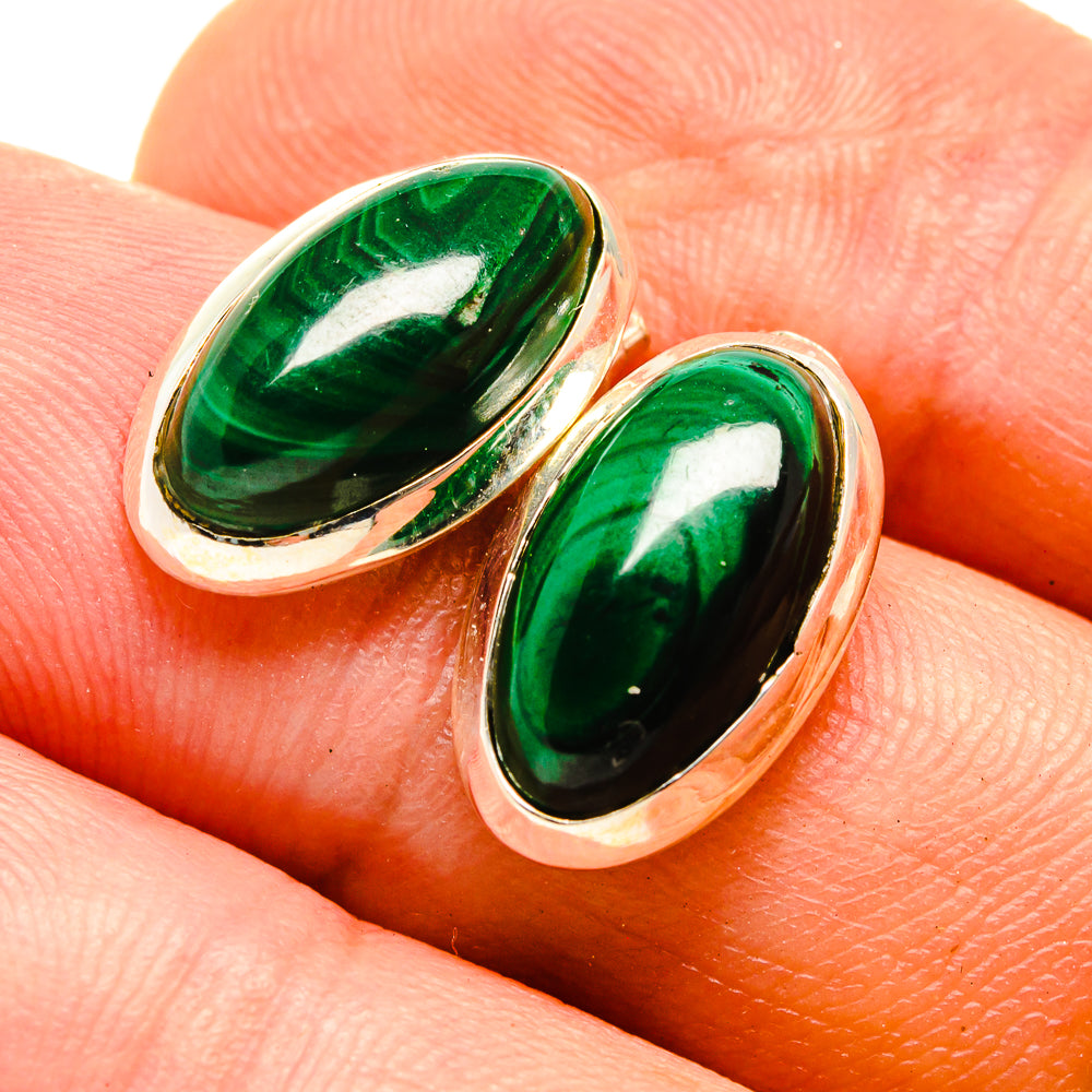 Malachite earrings with oval green cabochons in 925 sterling silver bezel