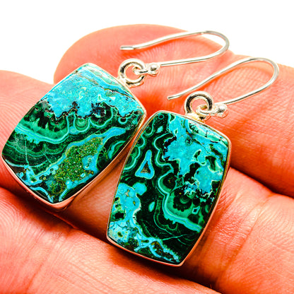 Chrysocolla and malachite drop earrings, 925 sterling silver hooks, angular turquoise-green cabochons