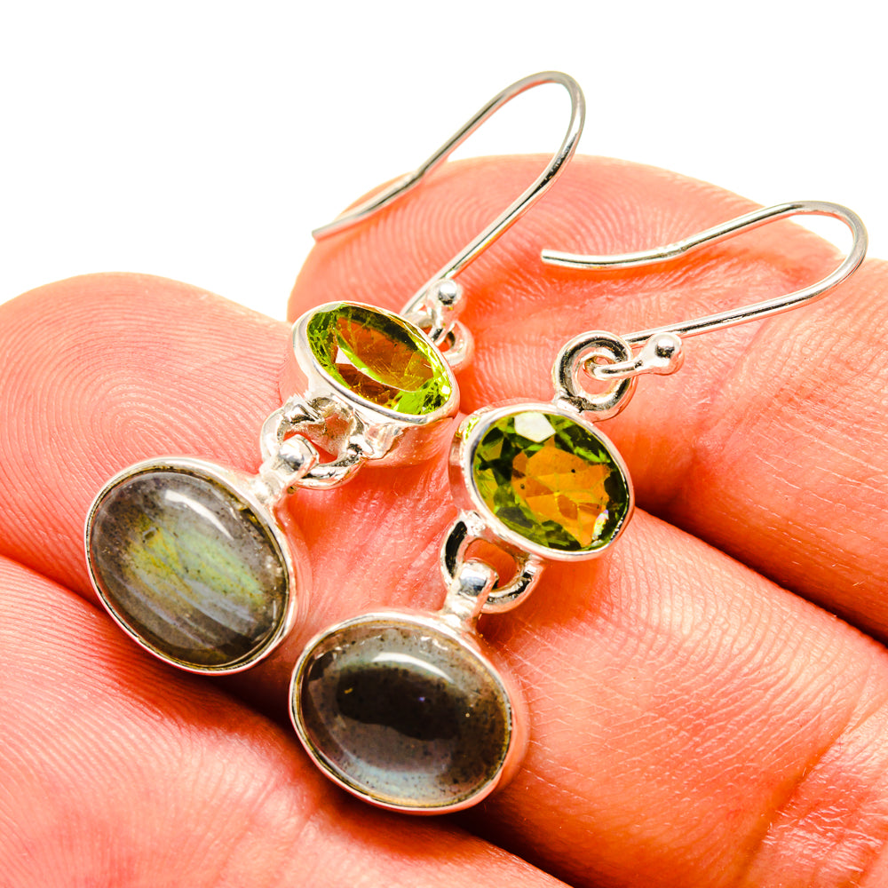 Sterling silver peridot and labradorite earrings, green oval drops with reflective dark stones