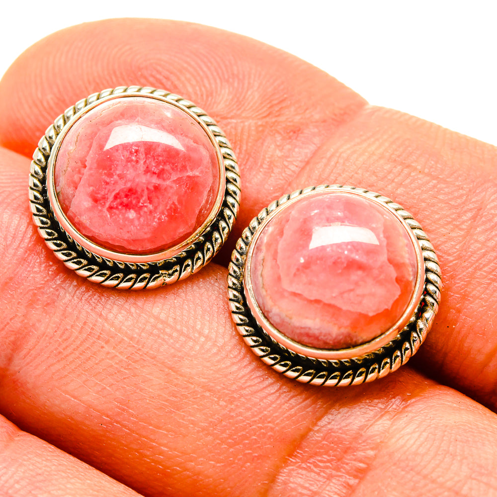 Rhodochrosite stud earrings in 925 sterling silver, round pink stone with rope border