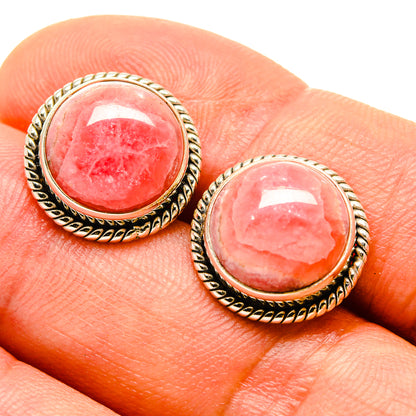 Rhodochrosite stud earrings in 925 sterling silver, round pink stone with rope border