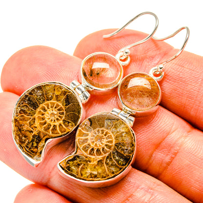 Ammonite Fossil, Rutilated Quartz Earrings handcrafted by Ana Silver Co - EARR416313