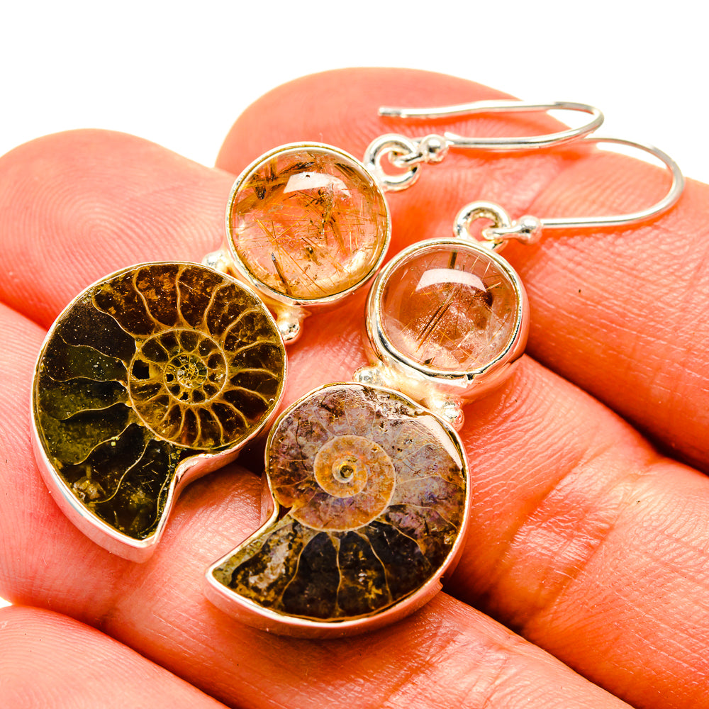 Ammonite Fossil, Rutilated Quartz Earrings handcrafted by Ana Silver Co - EARR416336