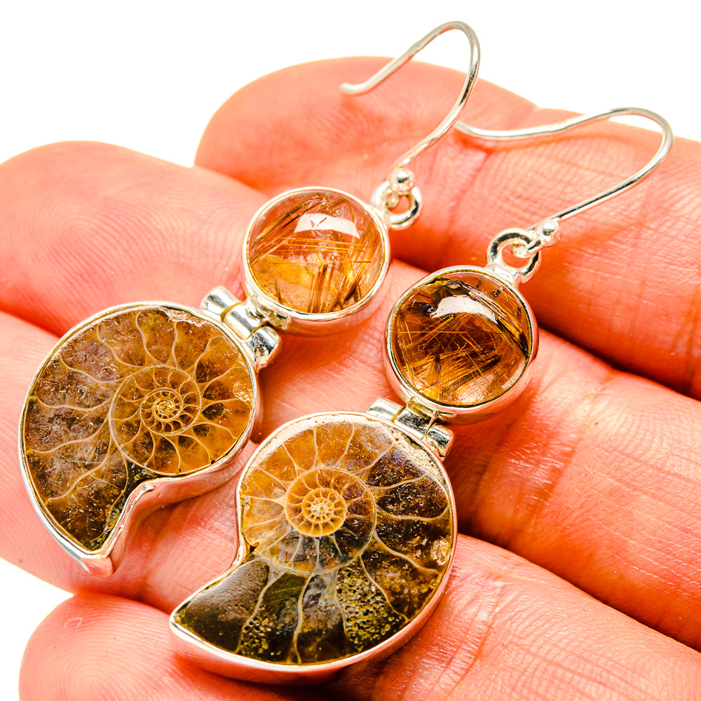 Ammonite Fossil, Rutilated Quartz Earrings handcrafted by Ana Silver Co - EARR416339