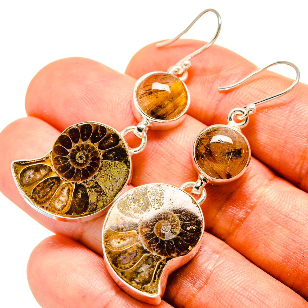 Ammonite Fossil, Rutilated Quartz Earrings handcrafted by Ana Silver Co - EARR416343