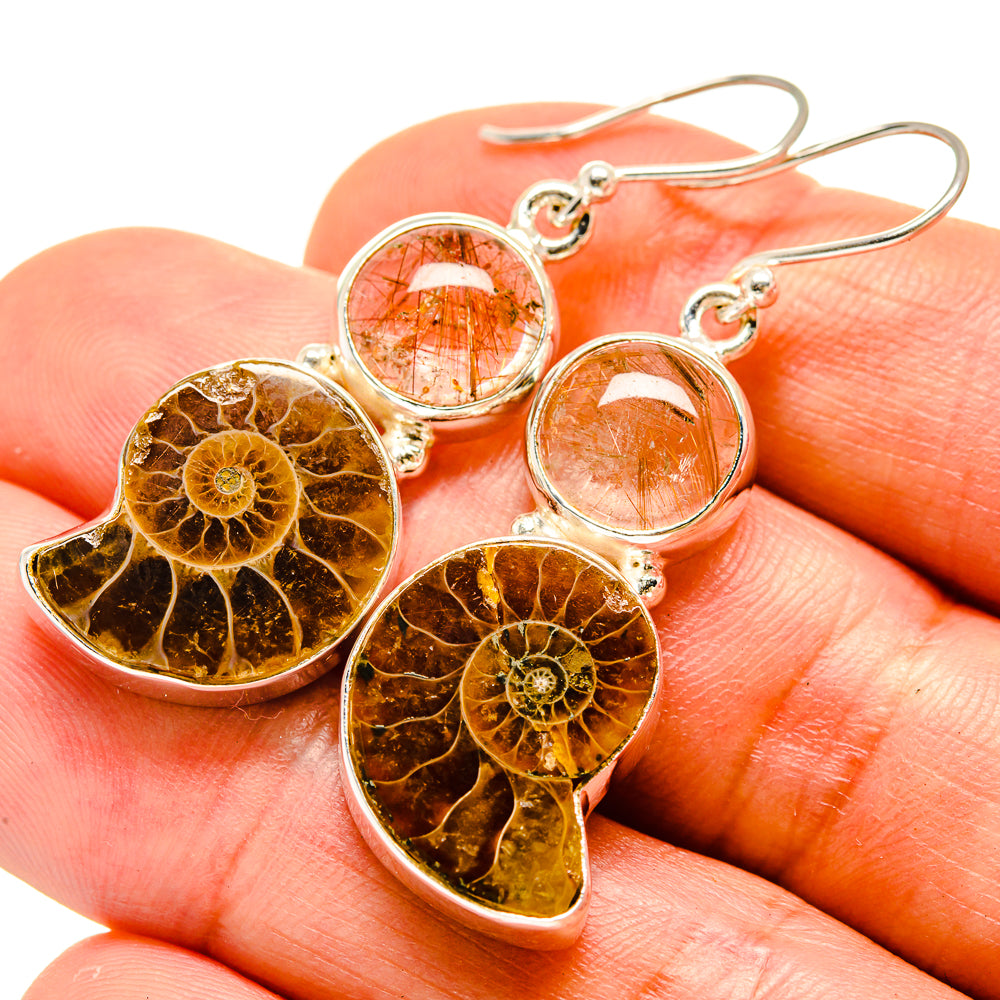 Ammonite Fossil, Rutilated Quartz Earrings handcrafted by Ana Silver Co - EARR416344