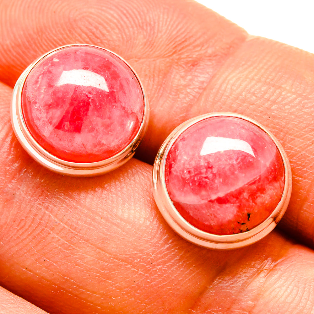 Round rhodochrosite earrings with pink cabochon stones in 925 silver bezel settings