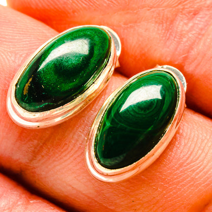 Green malachite cabochon stud earrings in oval sterling silver settings