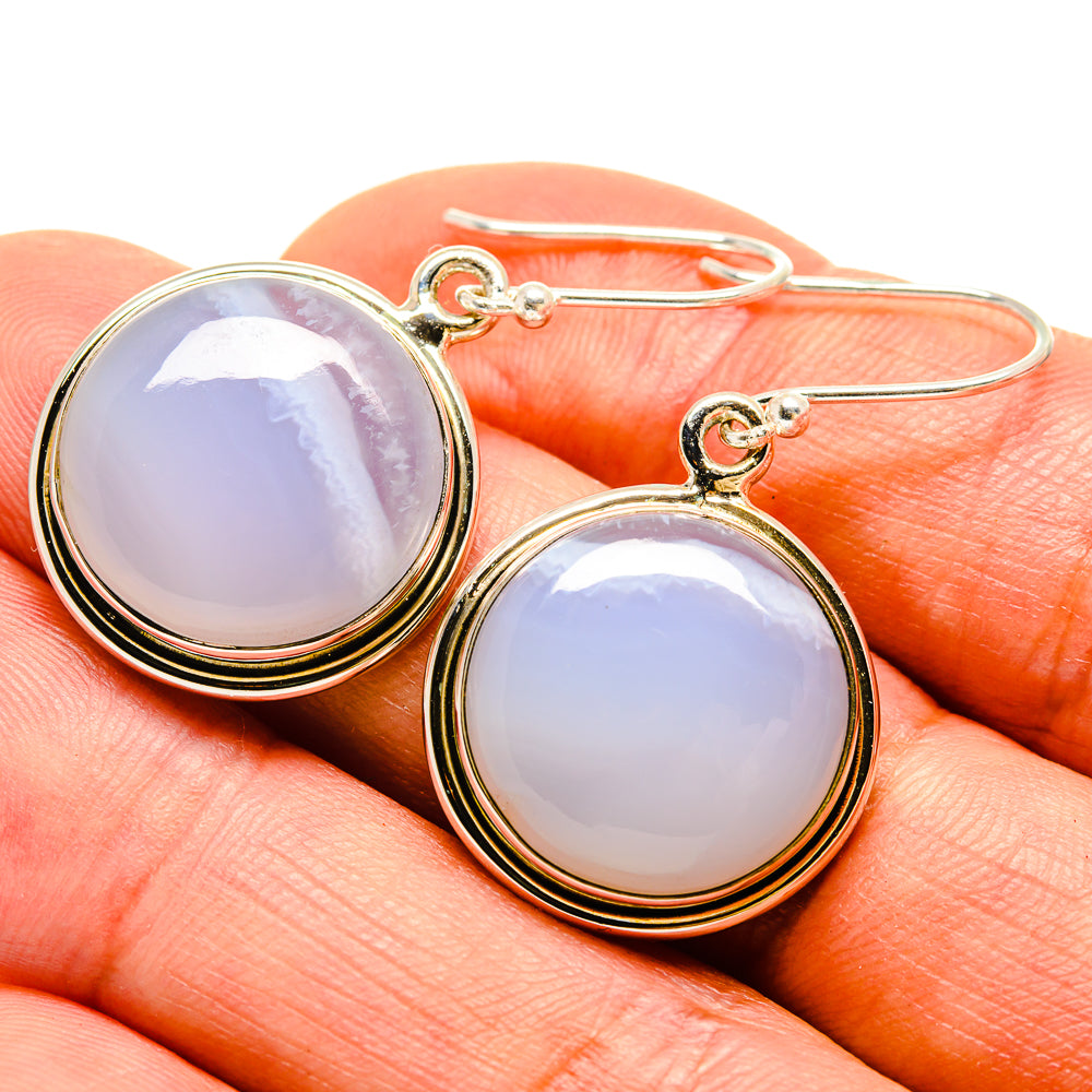 Round blue lace agate dangle earrings in 925 sterling silver, bezel-set circles