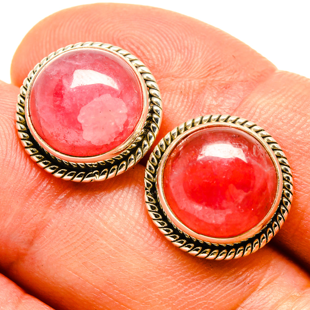 Sterling silver earrings with round pink-red rhodochrosite cabochon, rope bezel