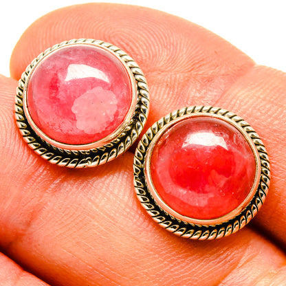 Sterling silver earrings with round pink-red rhodochrosite cabochon, rope bezel