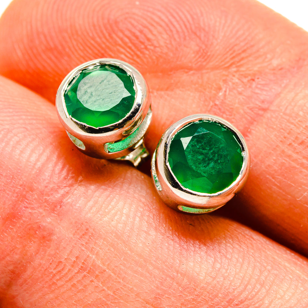 Green onyx stud earrings, round green gemstone in 925 sterling silver bezel