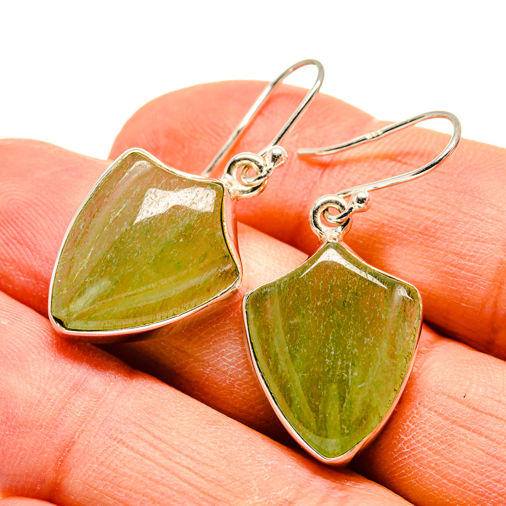 Prehnite shield earrings, 925 sterling silver with green stone panels and wire hooks