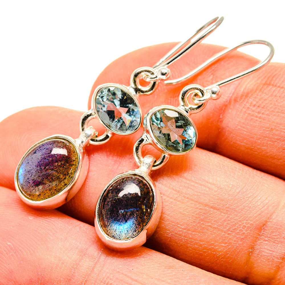 Three-stone drop earrings with blue topaz and labradorite in sterling silver