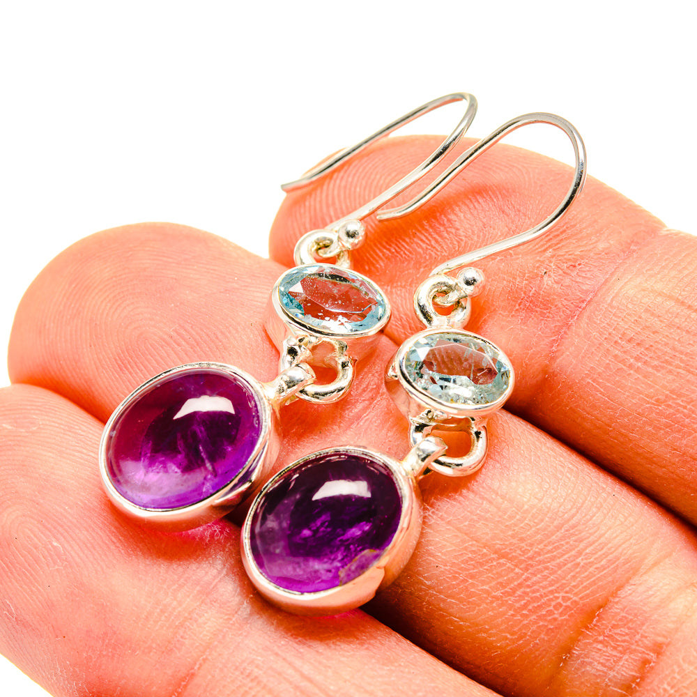 Amethyst and blue topaz drop earrings in 925 sterling silver with round purple and blue stones
