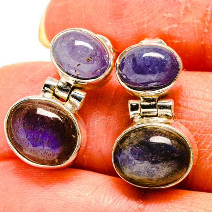 Pair of oval purple and amber cabochon earrings, 925 sterling silver posts
