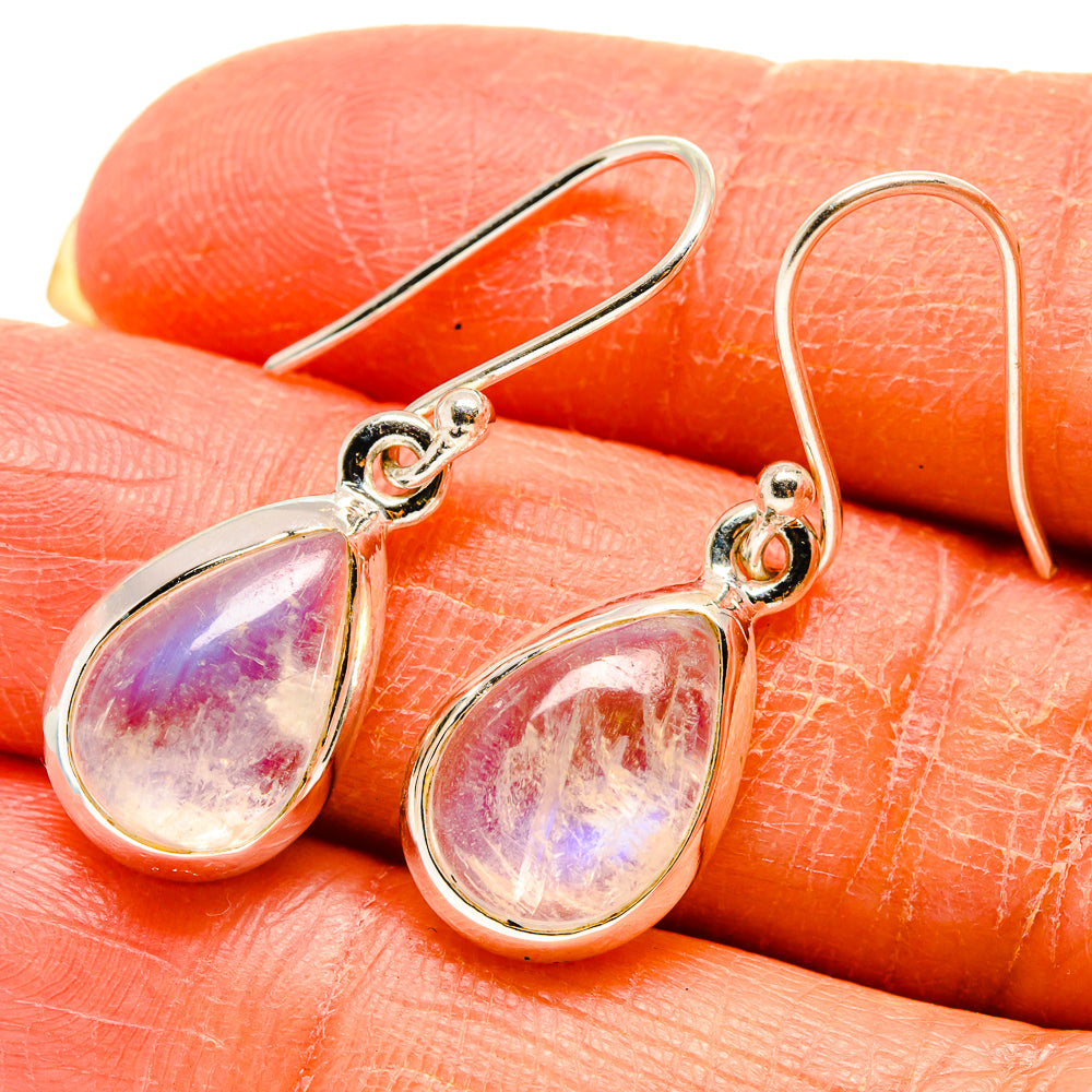 Teardrop moonstone earrings in silver with rainbow iridescent cabochons and French hooks